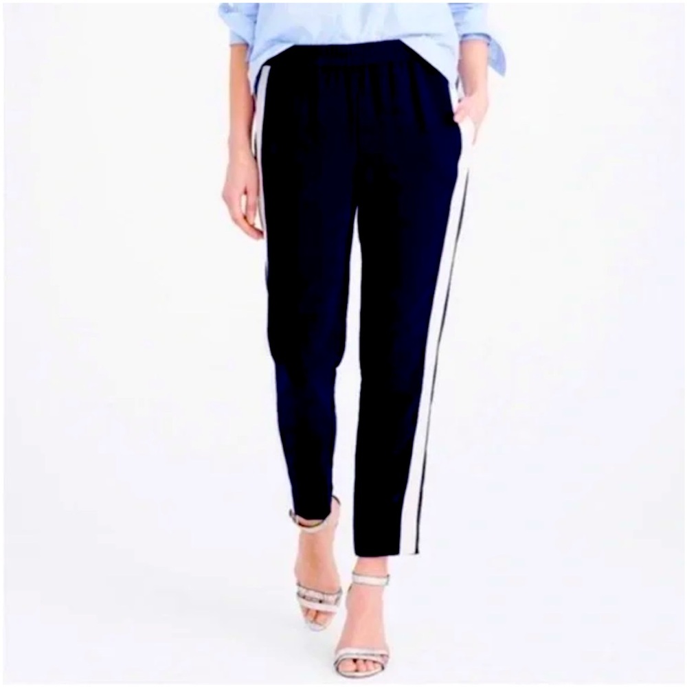 J. Crew Reese Pull On Pant Crepe Navy Blue with tuxedo stripe size 8